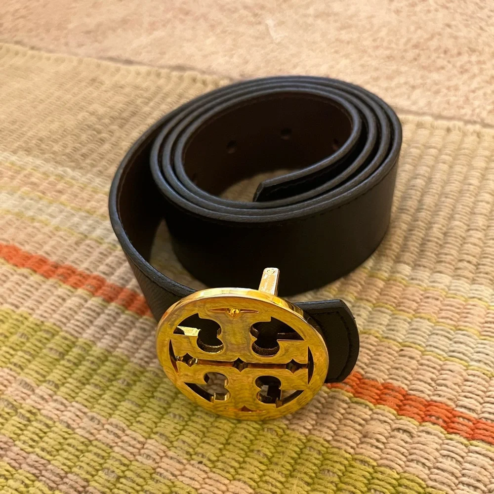 Tory Burch Black Leather Belt with Gold Logo Buckle